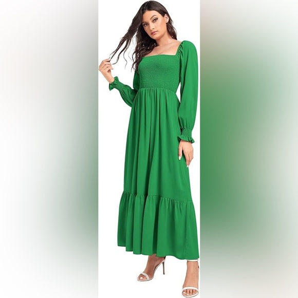 Women’s Square Neck Flounce Shirred Ruffle Hem Long Sleeve Maxi Dress Green Sz M - Picture 3 of 10